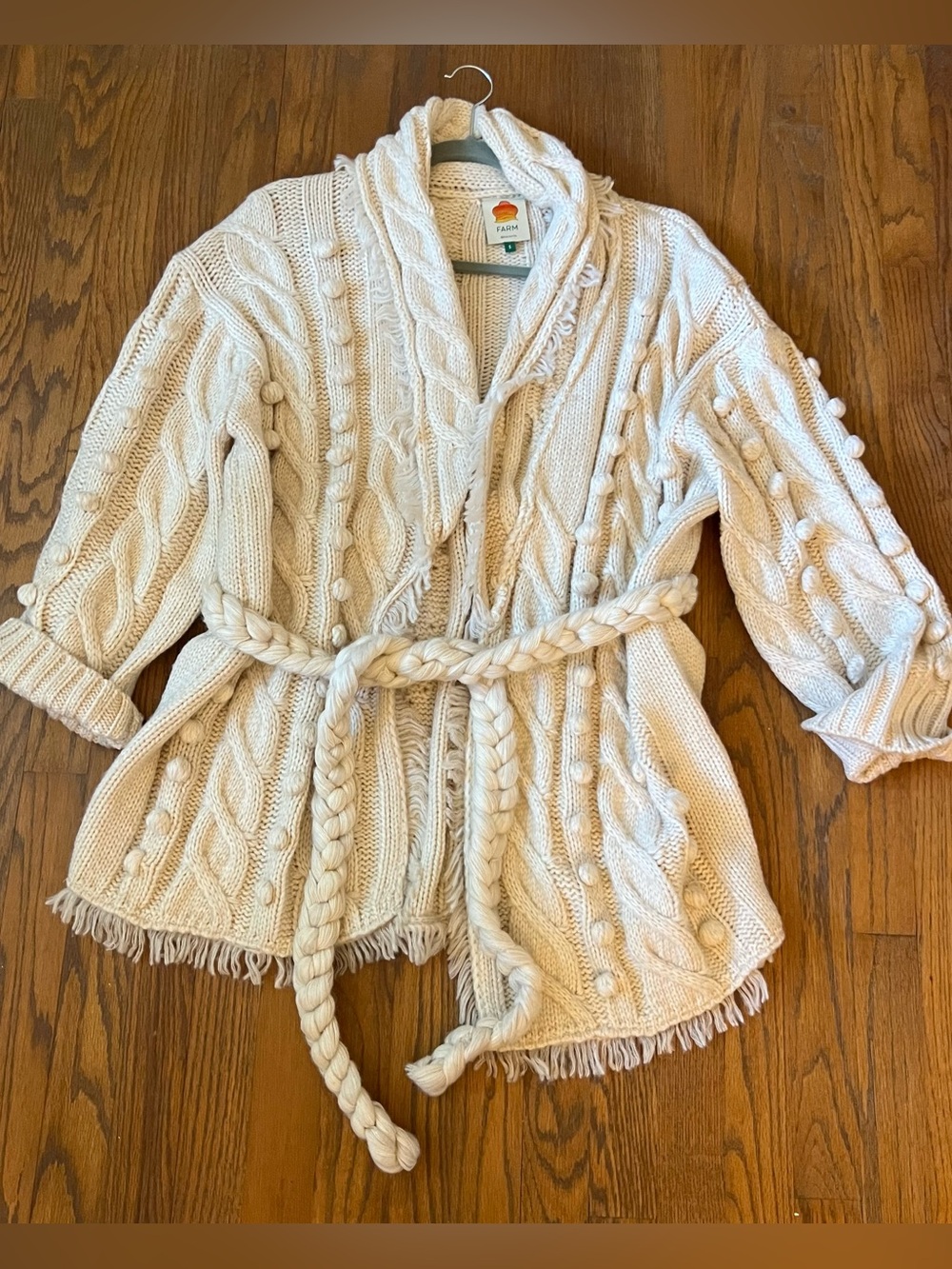 Farm Rio Khaki cream Braided Knit wrap Cardigan rope belt fall vibes sz small S - Picture 7 of 13